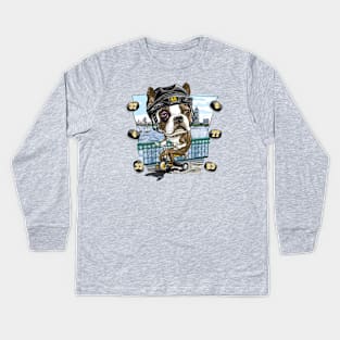 Boston Terrier Dog with Black Hockey Helmet Kids Long Sleeve T-Shirt